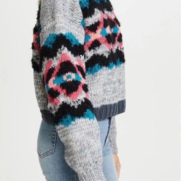Free People I Heart You Aztec Patterned Wool Blend Sweater In Gray/Pink - Picture 4 of 10